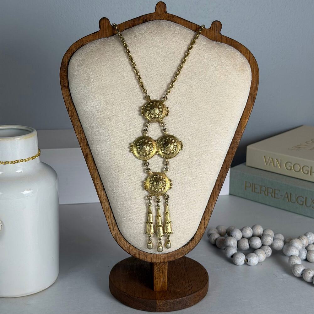 Bold VTG 1980s 26" Gold-Tone Tribal Medallion Plumb Bombs 6" Pendant Necklace